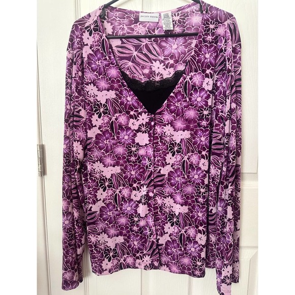 Women ladies Jaclyn smith XL purple floral cardigan + built-in cami blouse top - Picture 2 of 8